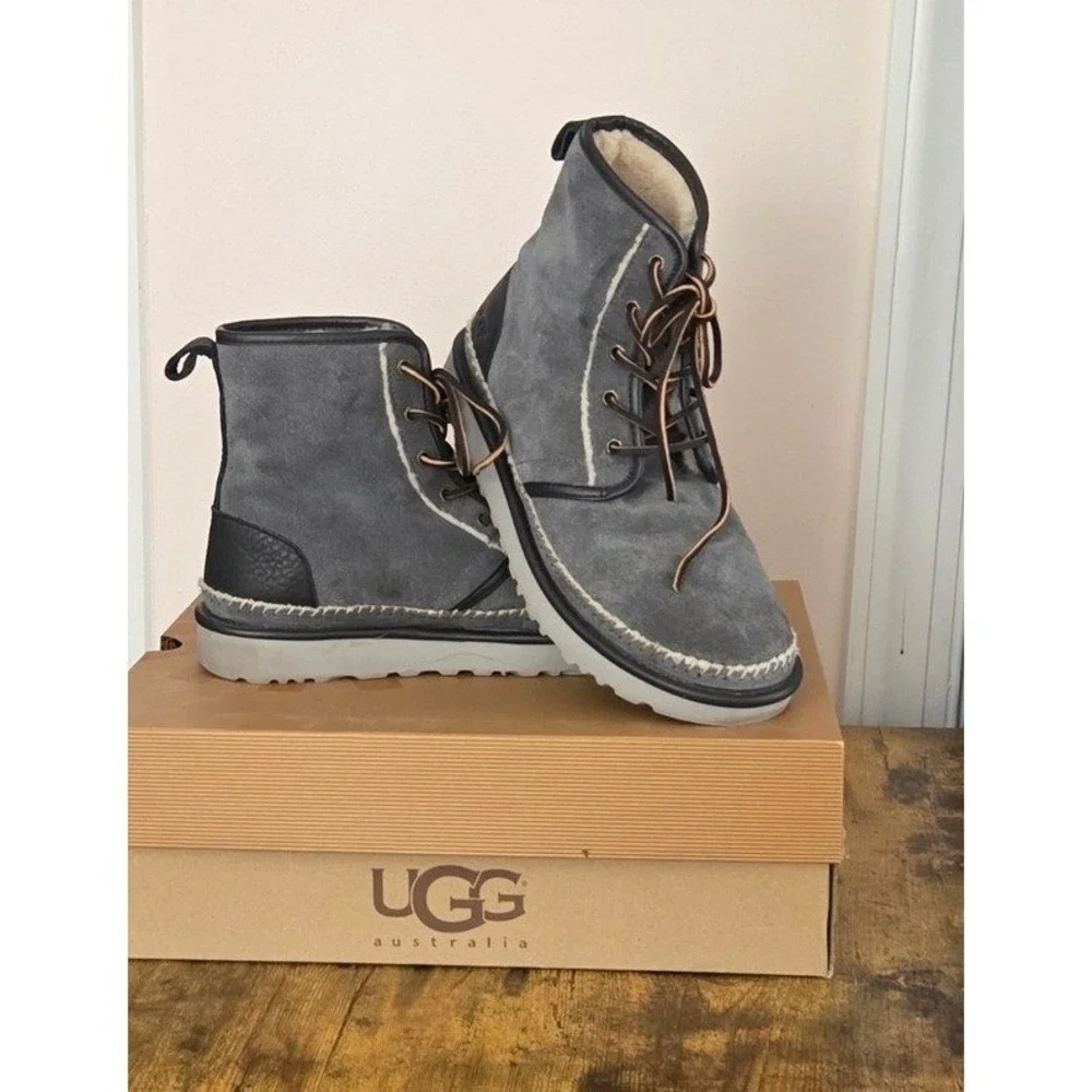 UGG Australia Mens Harkley Stitch Lace Suede Boots Charcoal Grey 1008558 Size 10